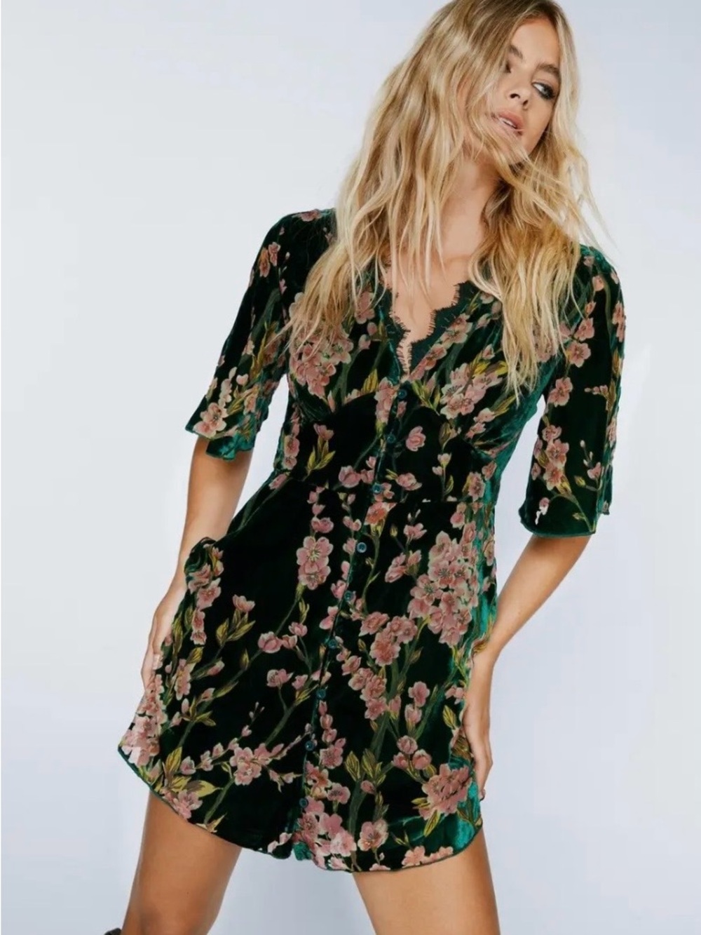 Devore Floral Lace Trim Mini Dress